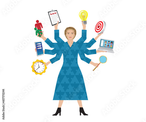 Woman multitasking. Shiva woman with lots of things to do. Isolated on white. Vector illustration.