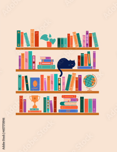 Bookshelf concept illustration. A lot of books on the shelf, clock, cat, plant and globe