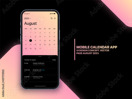 Mobile App Calendar August 2023 Page with To Do List and Tasks Vector UI UX Design Concept on Isolated Photo Realistic Smart Phone Screen Mockup. Smartphone Business Planner Application Template