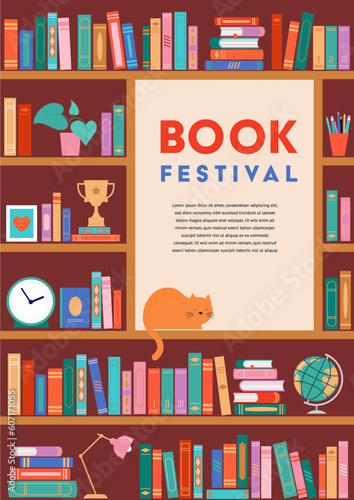 Bookshelf concept illustration. A lot of books on the shelf, clock, cat, plant and globe