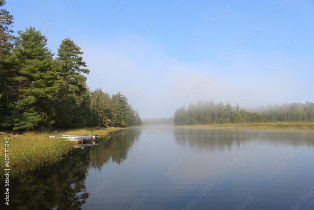 White fog floating above river water with green trees and blue sky. White fog floating above river water with green trees and blue sky.