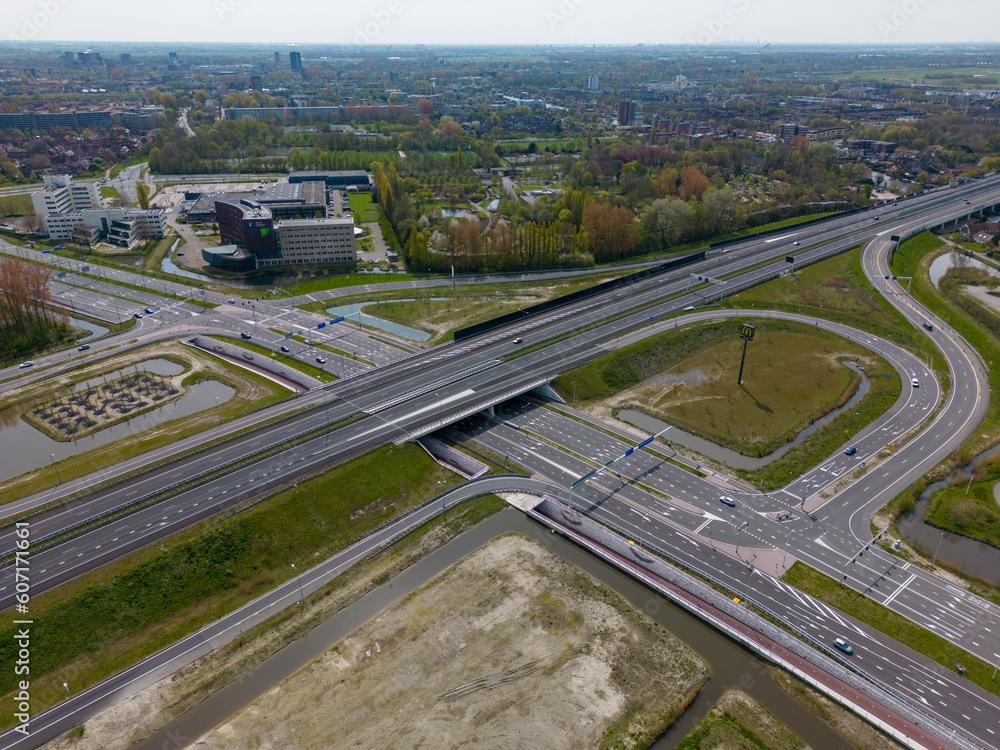 Aerial drone photo of an highway intersection in Leiden, the Netherlands. 