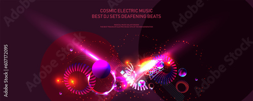 Trevdy color 2023 viva magenta 3d futuristic neon space background with planets and geometric elements. Abstraction background. Vector dihital art