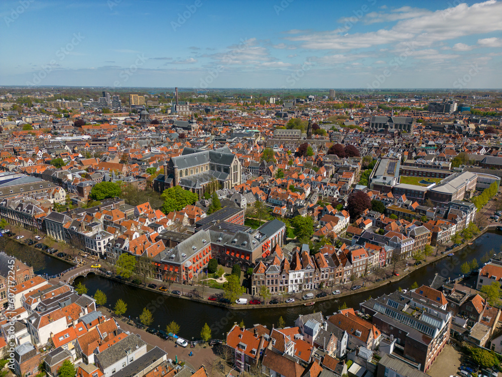 An aerial drone photo of the town centre and canals in Leiden, the Netherlands