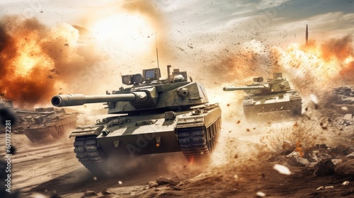 Tank battle scene with armored vehicles engaging in a fierce firefight  capturing the power and destructive capabilities of modern military machinery