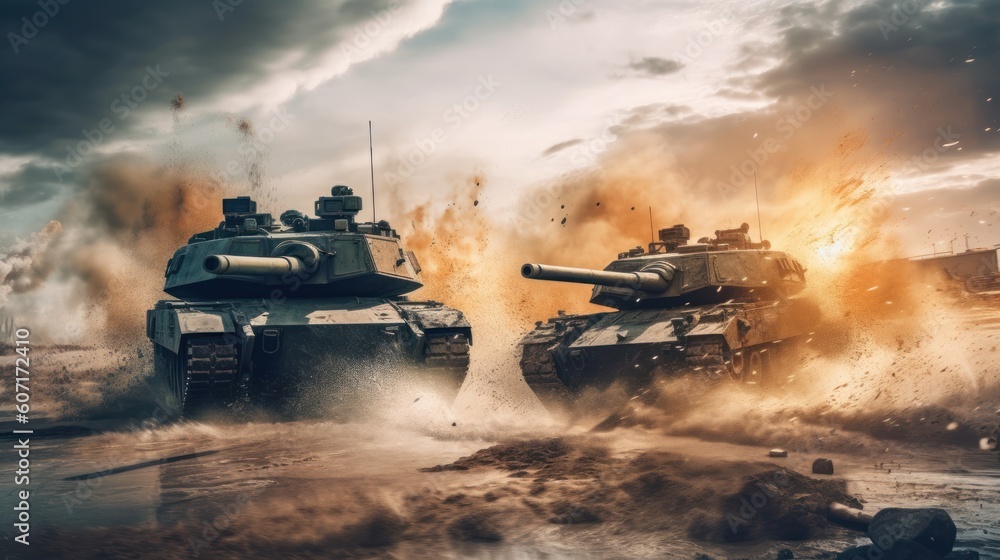 Tank battle scene with armored vehicles engaging in a fierce firefight, capturing the power and destructive capabilities of modern military machinery Tank battle scene with armored vehicles engaging in a fierce firefight, capturing the power and destructive capabilities of modern military machinery
