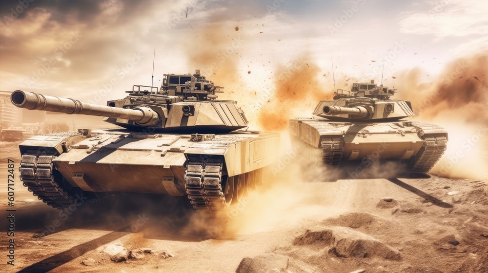 Tank battle scene with armored vehicles engaging in a fierce firefight, capturing the power and destructive capabilities of modern military machinery Tank battle scene with armored vehicles engaging in a fierce firefight, capturing the power and destructive capabilities of modern military machinery