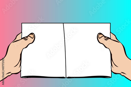 Human hands holding open book with blank pages on a pastel blue and pink background