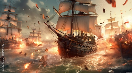 Fényképezés Intense naval battle scene between rival pirate ships, with cannons firing, sail