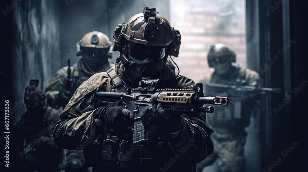 Team of elite special forces soldiers executing a covert mission behind enemy lines, showcasing their tactical skills, advanced weaponry, and stealthy maneuvers Team of elite special forces soldiers executing a covert mission behind enemy lines, showcasing their tactical skills, advanced weaponry, and stealthy maneuvers
