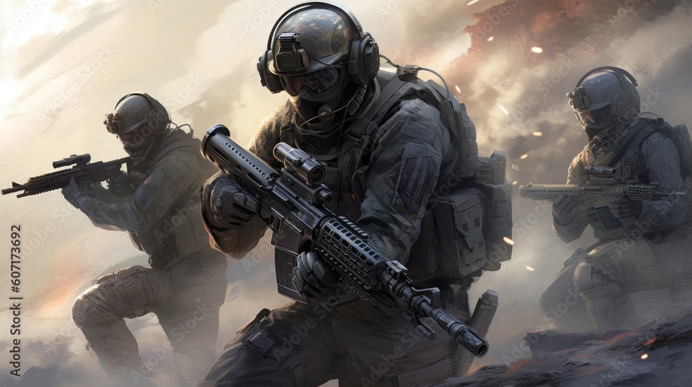 Team of elite special forces soldiers executing a covert mission behind enemy lines, showcasing their tactical skills, advanced weaponry, and stealthy maneuvers Team of elite special forces soldiers executing a covert mission behind enemy lines, showcasing their tactical skills, advanced weaponry, and stealthy maneuvers