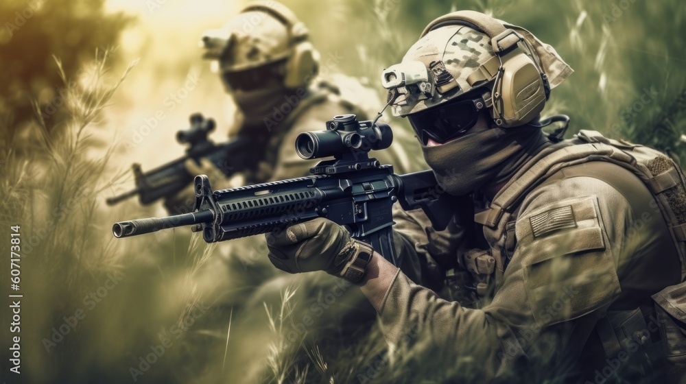 Team of elite special forces soldiers executing a covert mission behind enemy lines, showcasing their tactical skills, advanced weaponry, and stealthy maneuvers Team of elite special forces soldiers executing a covert mission behind enemy lines, showcasing their tactical skills, advanced weaponry, and stealthy maneuvers