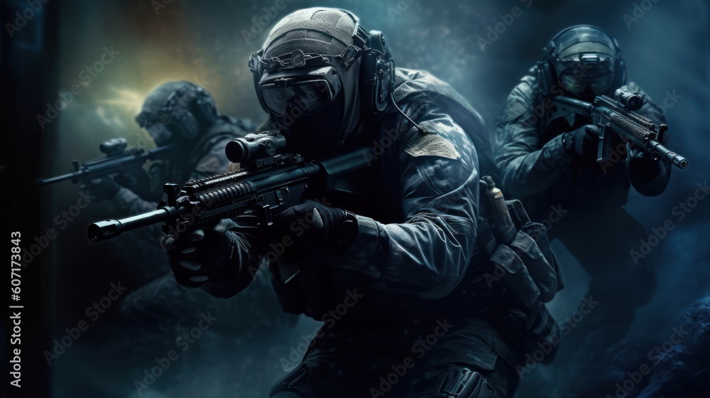 Team of elite special forces soldiers executing a covert mission behind enemy lines, showcasing their tactical skills, advanced weaponry, and stealthy maneuvers Team of elite special forces soldiers executing a covert mission behind enemy lines, showcasing their tactical skills, advanced weaponry, and stealthy maneuvers