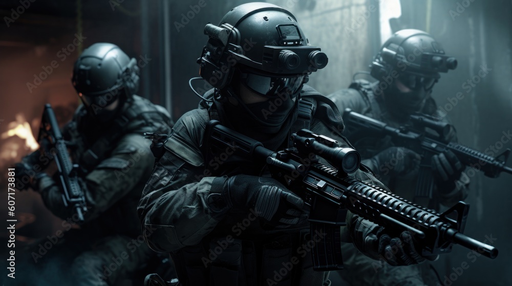 Team of elite special forces soldiers executing a covert mission behind enemy lines, showcasing their tactical skills, advanced weaponry, and stealthy maneuvers Team of elite special forces soldiers executing a covert mission behind enemy lines, showcasing their tactical skills, advanced weaponry, and stealthy maneuvers