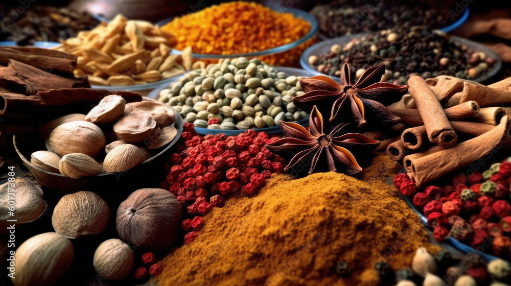 Aromatic Treasures: A Captivating Shot of Traditional Spices, Generative AI