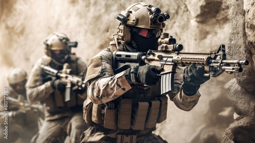Team of elite special forces soldiers executing a covert mission behind enemy lines, showcasing their tactical skills, advanced weaponry, and stealthy maneuvers