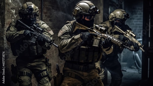 Team of elite special forces soldiers executing a covert mission behind enemy lines  showcasing their tactical skills  advanced weaponry  and stealthy maneuvers