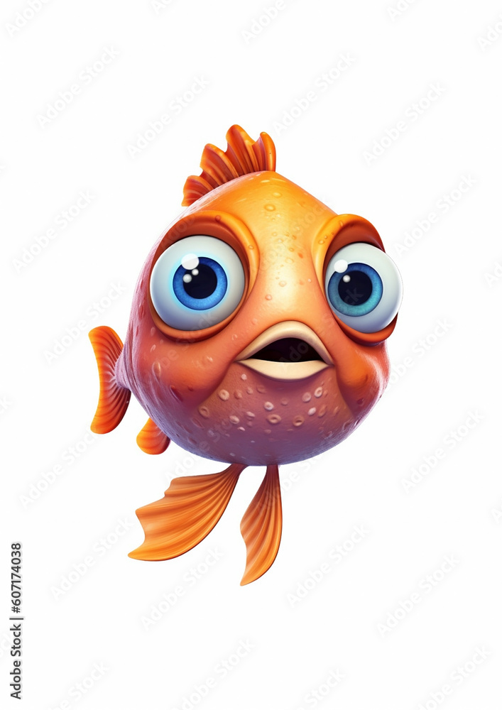 Fototapeta premium Cute red fish with cartoon eyes cartoon illustration in animation style isolated on white 