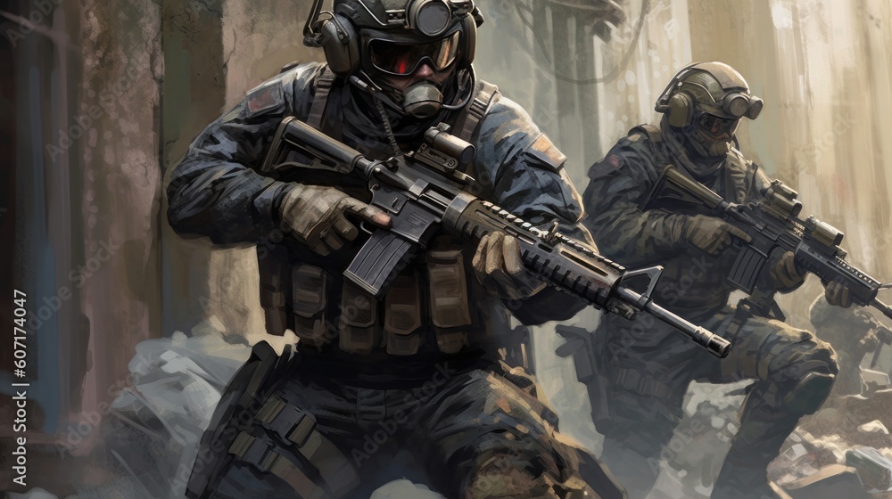 Team of elite special forces soldiers executing a covert mission behind enemy lines, showcasing their tactical skills, advanced weaponry, and stealthy maneuvers Team of elite special forces soldiers executing a covert mission behind enemy lines, showcasing their tactical skills, advanced weaponry, and stealthy maneuvers