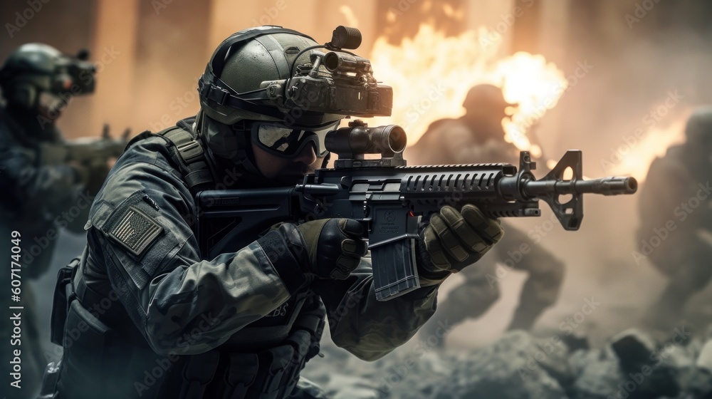 Team of elite special forces soldiers executing a covert mission behind enemy lines, showcasing their tactical skills, advanced weaponry, and stealthy maneuvers Team of elite special forces soldiers executing a covert mission behind enemy lines, showcasing their tactical skills, advanced weaponry, and stealthy maneuvers