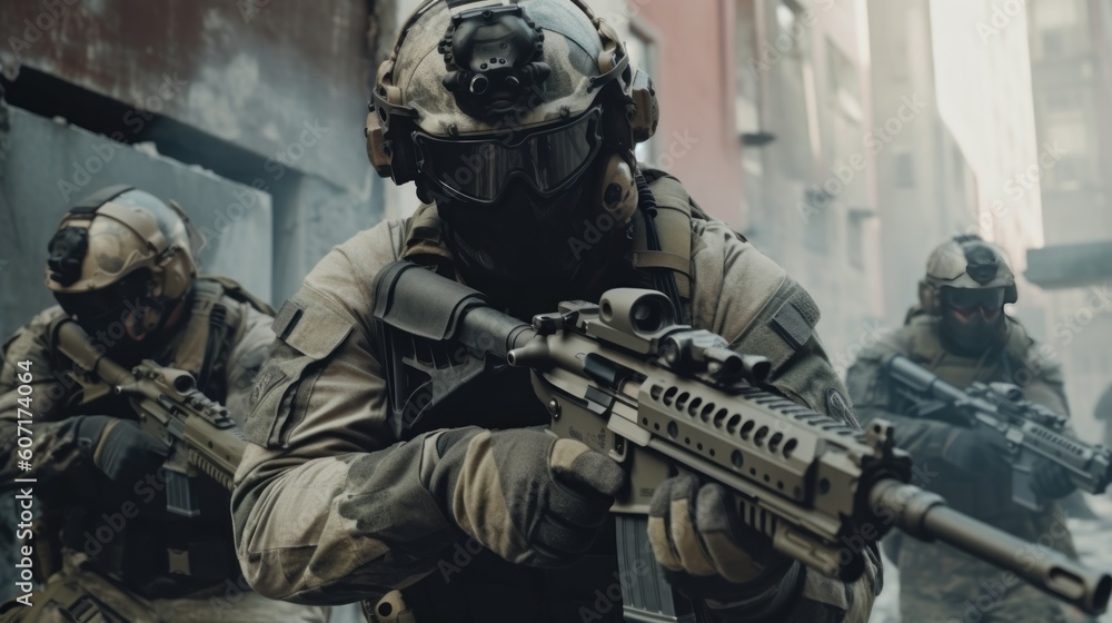 Team of elite special forces soldiers executing a covert mission behind enemy lines, showcasing their tactical skills, advanced weaponry, and stealthy maneuvers Team of elite special forces soldiers executing a covert mission behind enemy lines, showcasing their tactical skills, advanced weaponry, and stealthy maneuvers