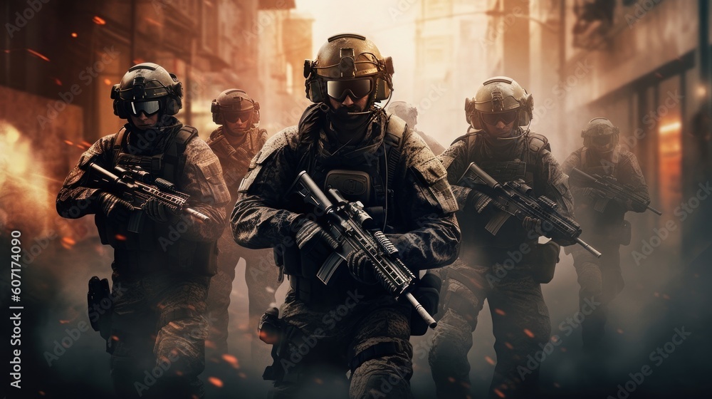 Team of elite special forces soldiers executing a covert mission behind enemy lines, showcasing their tactical skills, advanced weaponry, and stealthy maneuvers Team of elite special forces soldiers executing a covert mission behind enemy lines, showcasing their tactical skills, advanced weaponry, and stealthy maneuvers