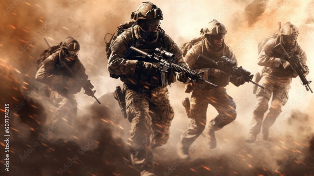 Team of elite special forces soldiers executing a covert mission behind enemy lines, showcasing their tactical skills, advanced weaponry, and stealthy maneuvers Team of elite special forces soldiers executing a covert mission behind enemy lines, showcasing their tactical skills, advanced weaponry, and stealthy maneuvers