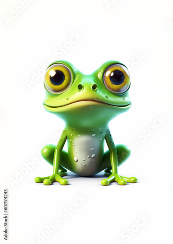 Cute green frog sitting with a happy face, cartoon illustration in animation style, isolated on white background, generative ai