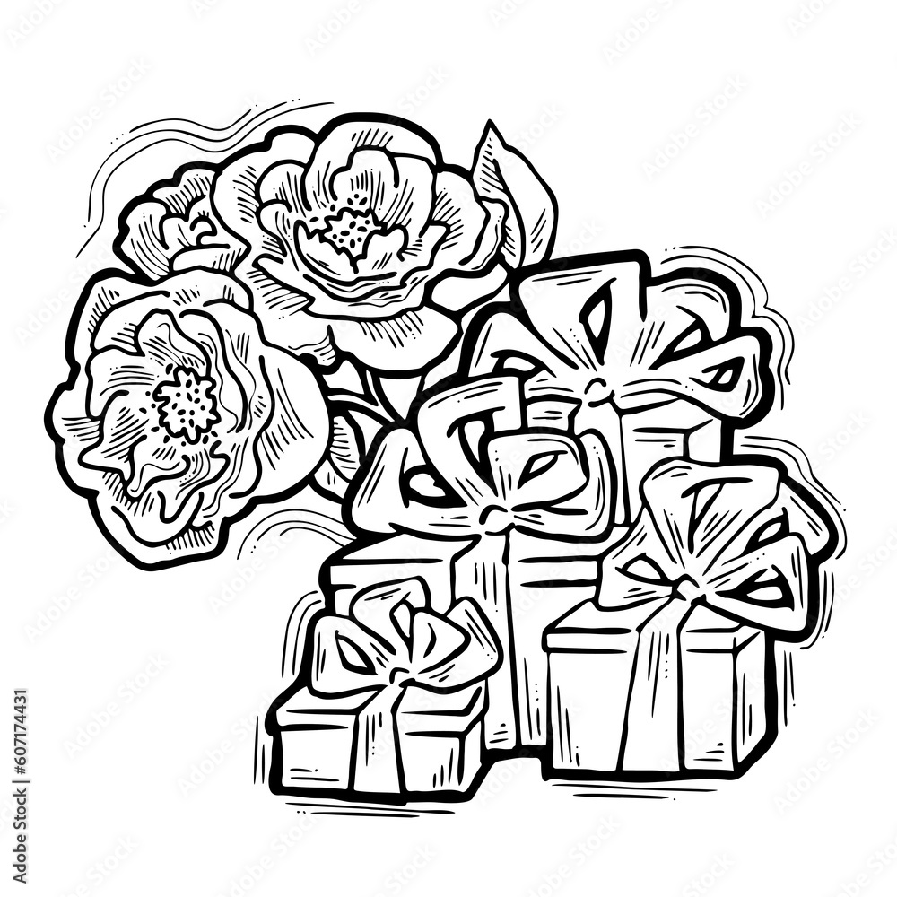 Present box with ribbon bow decorated with flowers for birthday gift, sale promotion, valentines or mothers day card, poster print. Hand drawn cartoon style illustration. Line drawing. Present box with ribbon bow decorated with flowers for birthday gift, sale promotion, valentines or mothers day card, poster print. Hand drawn cartoon style illustration. Line drawing.