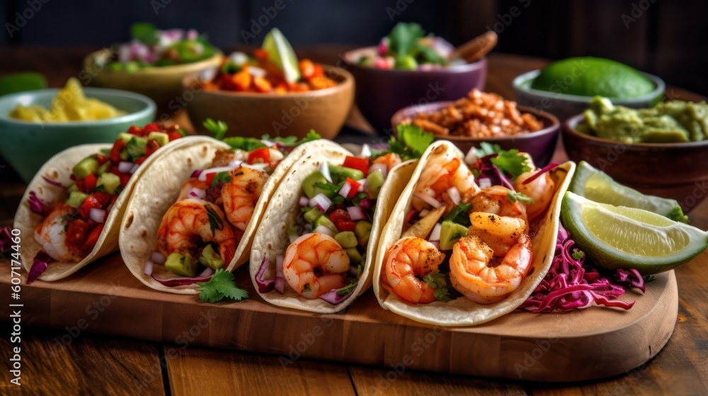 Traditional Mexican tacos with shrimp and vegetables on a wooden board served with sauces. Generative AI Traditional Mexican tacos with shrimp and vegetables on a wooden board served with sauces. Generative AI