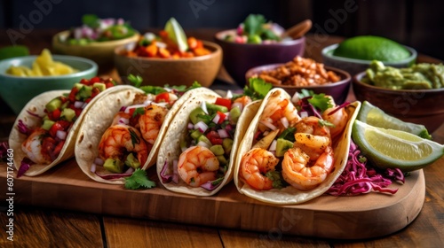 Traditional Mexican tacos with shrimp and vegetables on a wooden board served with sauces. Generative AI