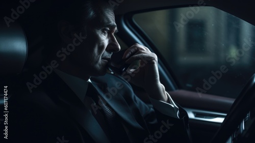 CEO Male Caucasian Mature Making phone calls and negotiating deals in a chauffeured moving car. Generative AI AIG22. photo