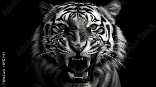 black and white image of the face of a Tiger with an intimidating expression  showcasing the striped texture of its fur. Generative AI