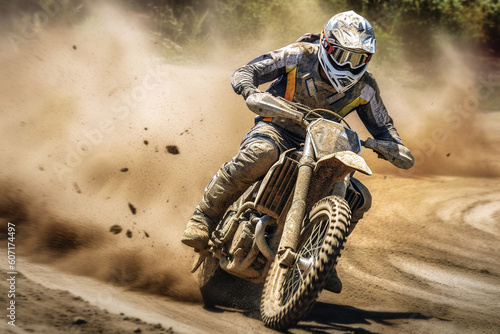 Moto racer on the motocross motorcycle riding on high speed at the dirt road. Generative art
