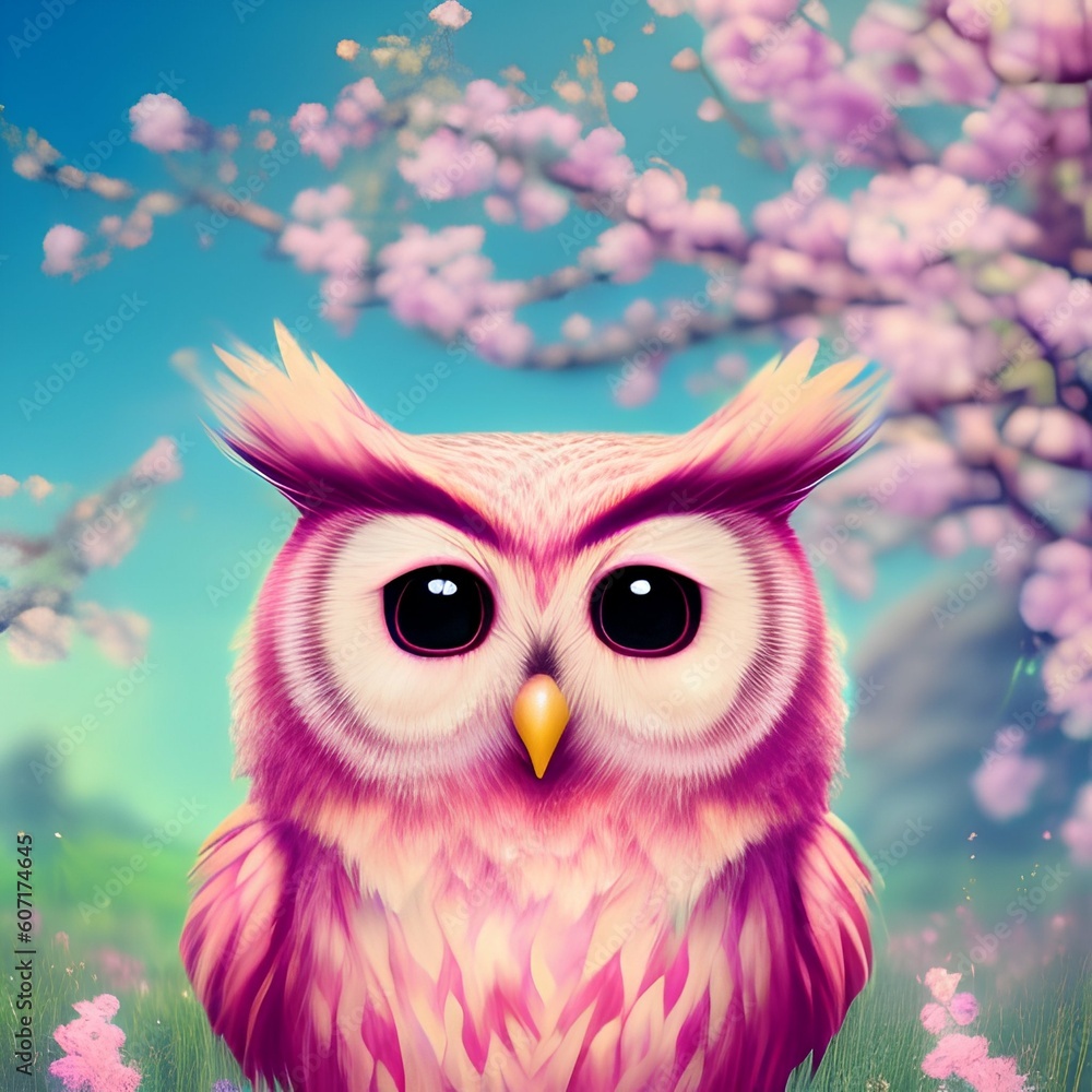 Fototapeta premium It depicts happy cute pink baby owl in colorful spring landscape - generative ai