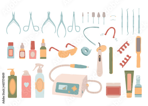 Set of different flacons, sprays, devices, scissors, clippers, instruments, attachments for nail treatments. Design products for podology and pedicure in colorful flat vector illustration.