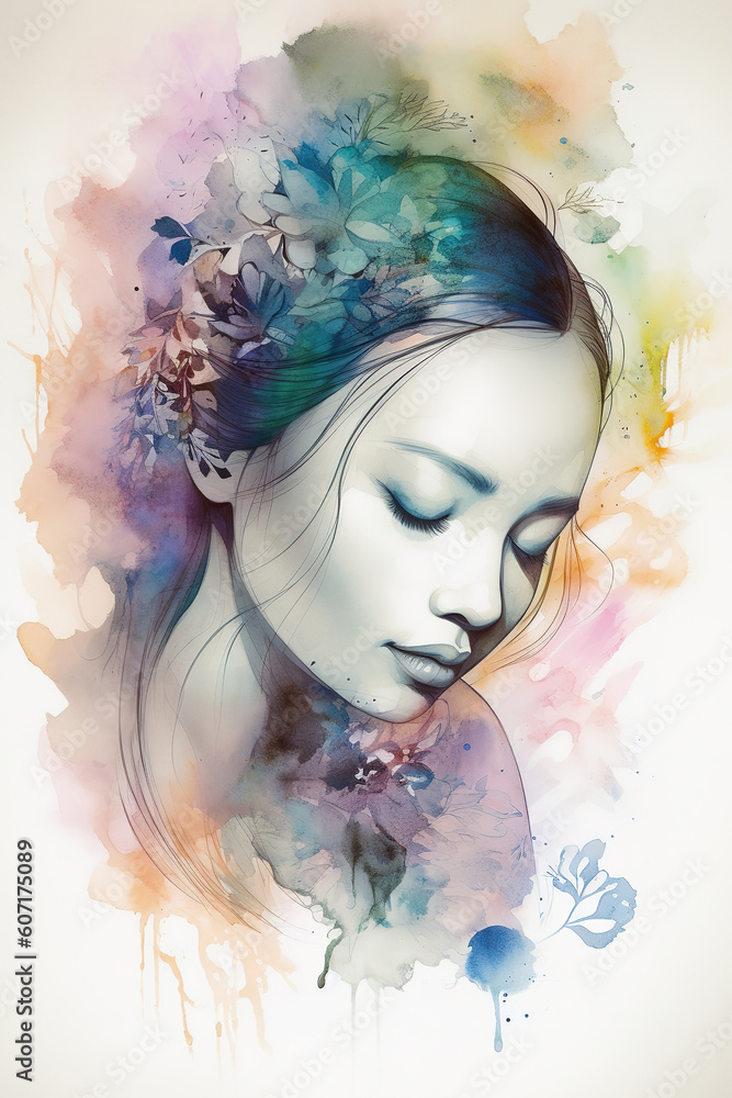 Gorgeous vietnamese woman with flowers in the hairs. Beautiful artistic portrait with colorful accents. Generative art
