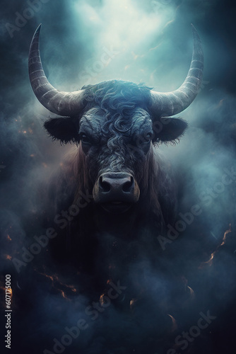 Gorgeous black bull in the clouds of smoke and bright fire sparks. Stunning photoreal fine art generated by Ai. Is not based on any specific real image or character