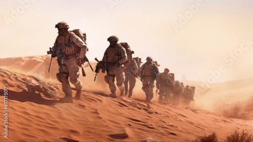 Squad of soldiers conducting a desert patrol  navigating vast sand dunes  rugged terrain  and harsh weather conditions in a hostile environment