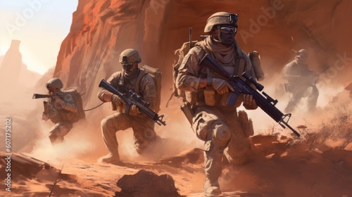 Squad of soldiers conducting a desert patrol, navigating vast sand dunes, rugged terrain, and harsh weather conditions in a hostile environment