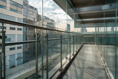 Glass transparent fence with stainless steel handrails and metal ceiling with pipelines, lighting and ventilation systems of modern mall building, created with Generative AI photo