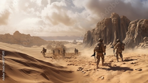 Squad of soldiers conducting a desert patrol  navigating vast sand dunes  rugged terrain  and harsh weather conditions in a hostile environment