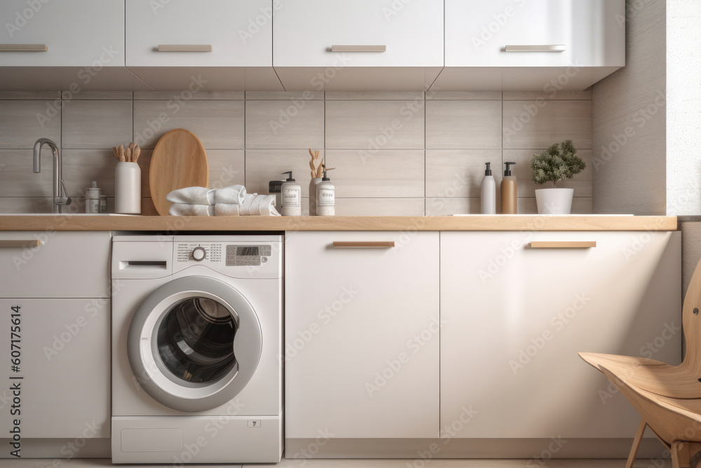 Sleek and modern laundry room design with a front load washer and dryer set for efficient cleaning. Powered by AI Generative technology. Sleek and modern laundry room design with a front load washer and dryer set for efficient cleaning. Powered by AI Generative technology.