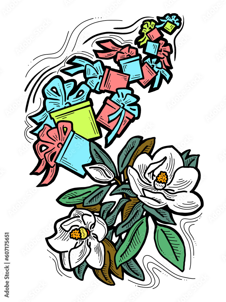 Present box with ribbon bow decorated with flowers for birthday gift, sale promotion, valentines or mothers day card, poster print. Hand drawn cartoon style illustration. Line drawing. Present box with ribbon bow decorated with flowers for birthday gift, sale promotion, valentines or mothers day card, poster print. Hand drawn cartoon style illustration. Line drawing.