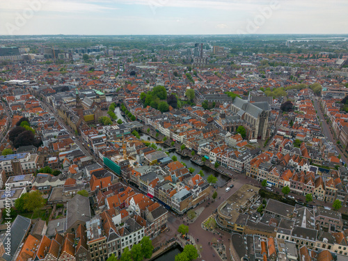 This aerial drone photo shows the canal houses and the canal in Leiden. Leiden is a beautiful and old city in Zuid-Holland  the Netherlands. 