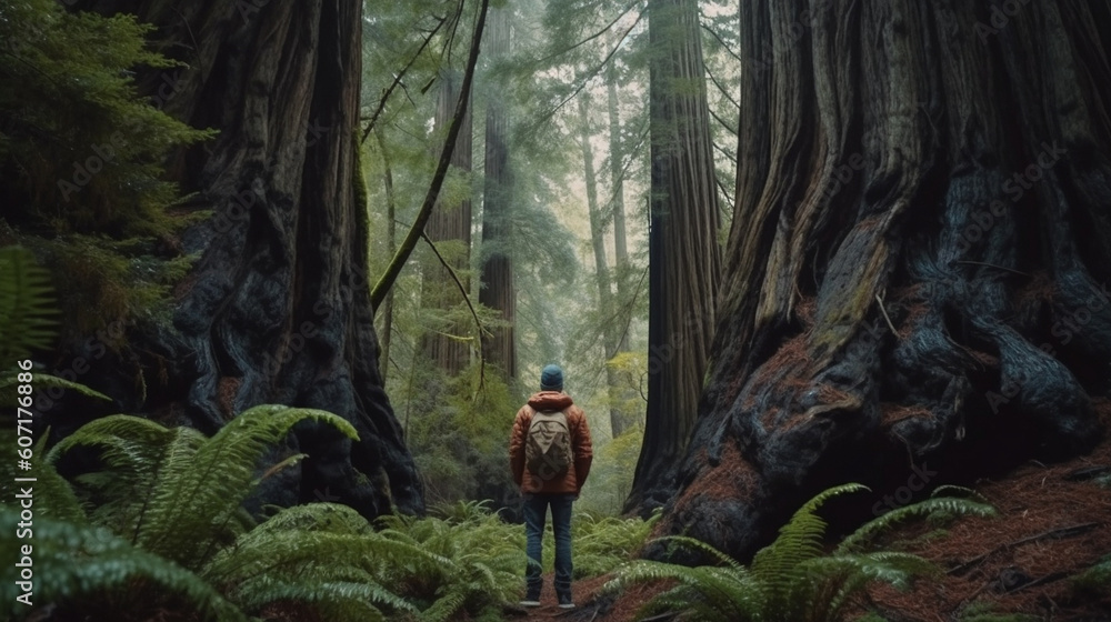 A man walks through the forest. Generative AI A man walks through the forest. Generative AI