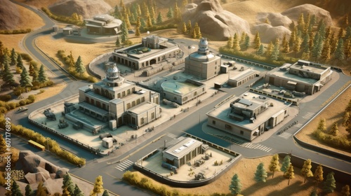 Fortified military base, complete with barracks, command centers, and defensive structures, portraying the organized and strategic nature of military operations