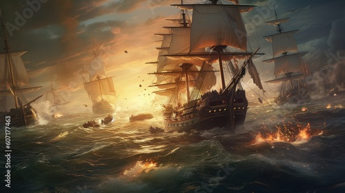 Intense naval battle scene between rival pirate ships, with cannons firing, sails billowing, and pirates swinging from ropes in a clash for supremacy