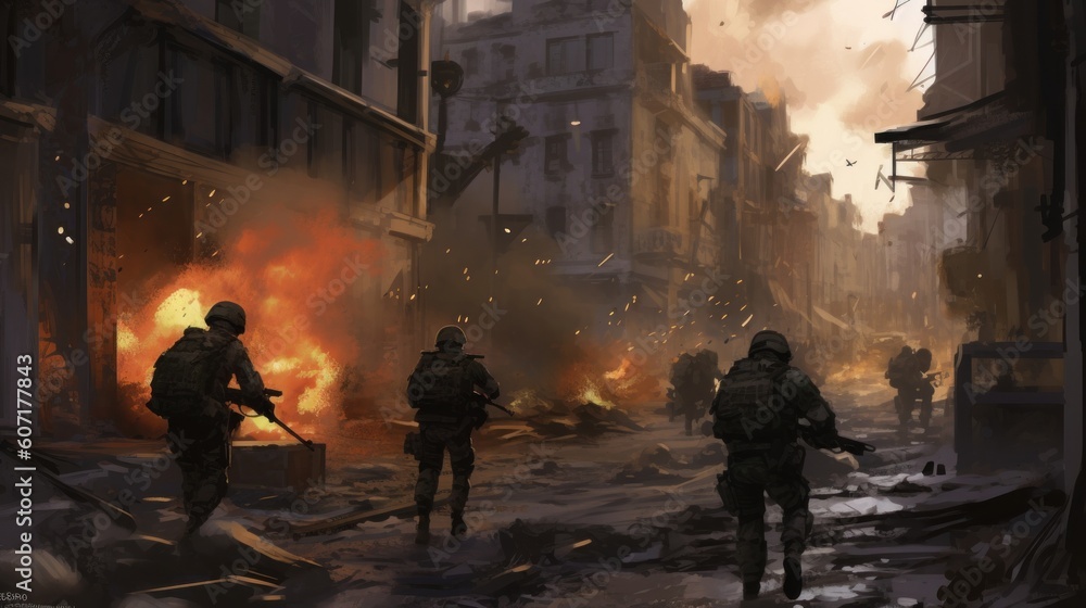 Obraz premium Depict an intense infantry assault scene, with soldiers advancing through a war - torn urban environment, facing enemy resistance, and utilizing cover and teamwork