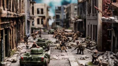 Depict an intense infantry assault scene, with soldiers advancing through a war - torn urban environment, facing enemy resistance, and utilizing cover and teamwork